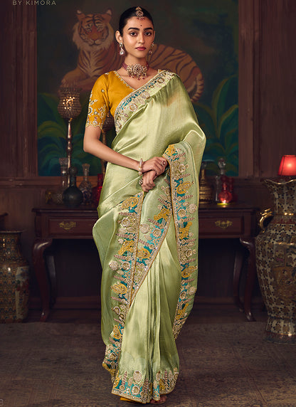 Silk Pista Green Wedding Wear Embroidery Work Saree 386917