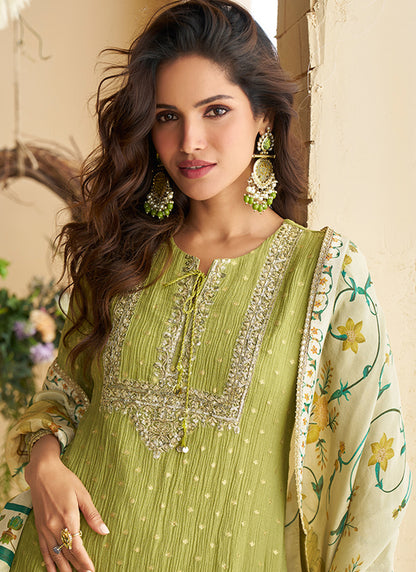 Chinon Green Wedding Wear Sequins Work Readymade Plazzo Suit 386997