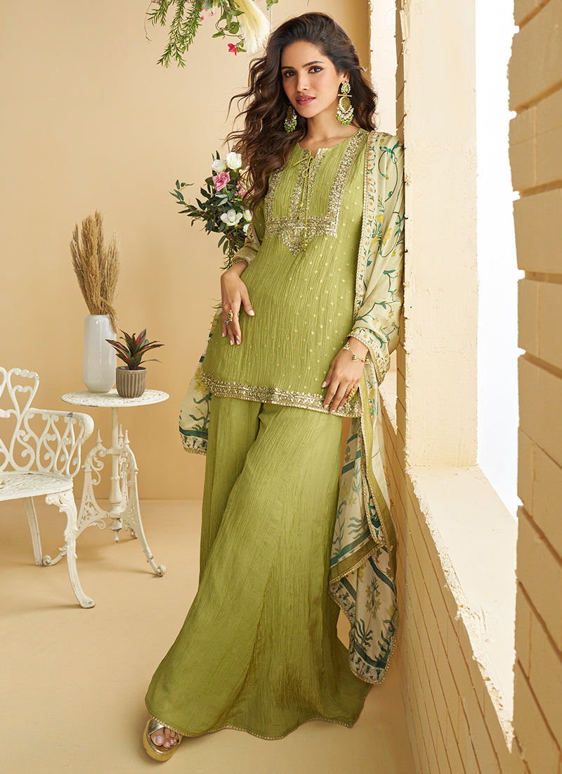 Chinon Green Wedding Wear Sequins Work Readymade Plazzo Suit 386997