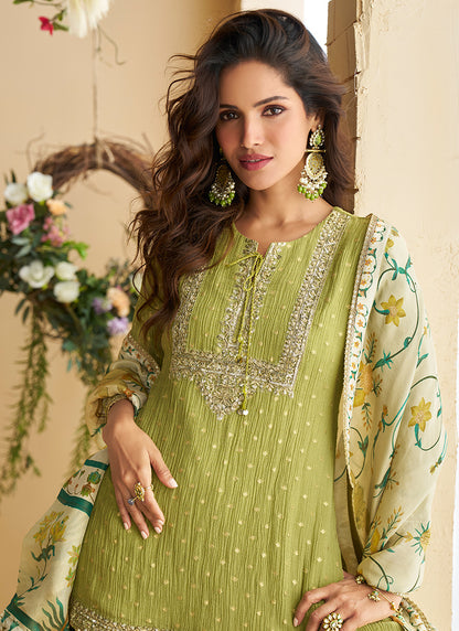 Chinon Green Wedding Wear Sequins Work Readymade Plazzo Suit 386997