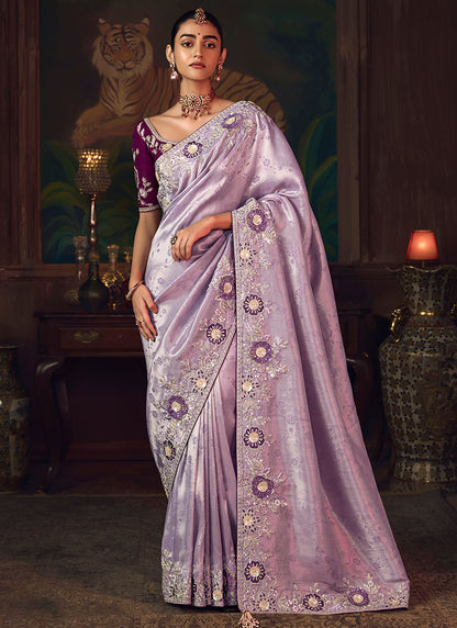 Silk Light Purple Wedding Wear Embroidery Work Saree 386918