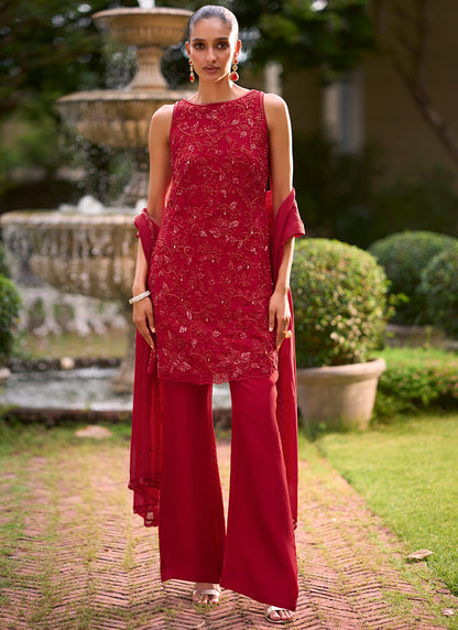 Red Georgette Thread Work Wedding Wear Readymade Plazzo Suit SW406024