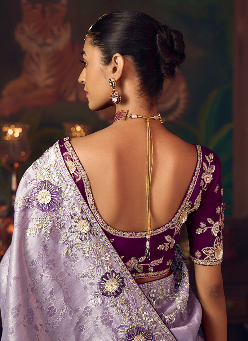 Silk Light Purple Wedding Wear Embroidery Work Saree 386918
