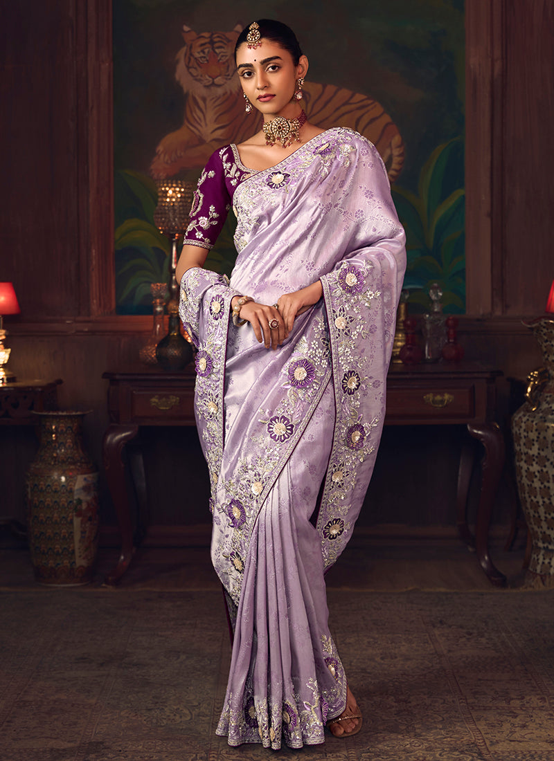 Silk Light Purple Wedding Wear Embroidery Work Saree 386918
