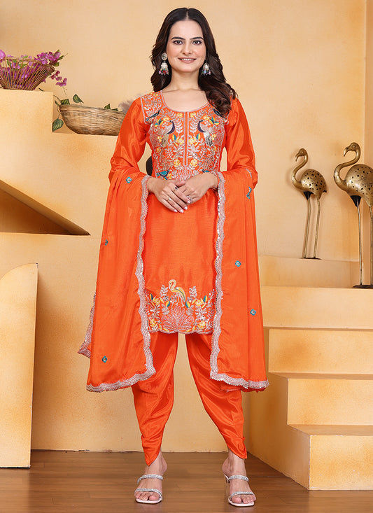 Chinnon Orange Wedding Wear Emroidery Work Readymade Dhoti Suit 384617