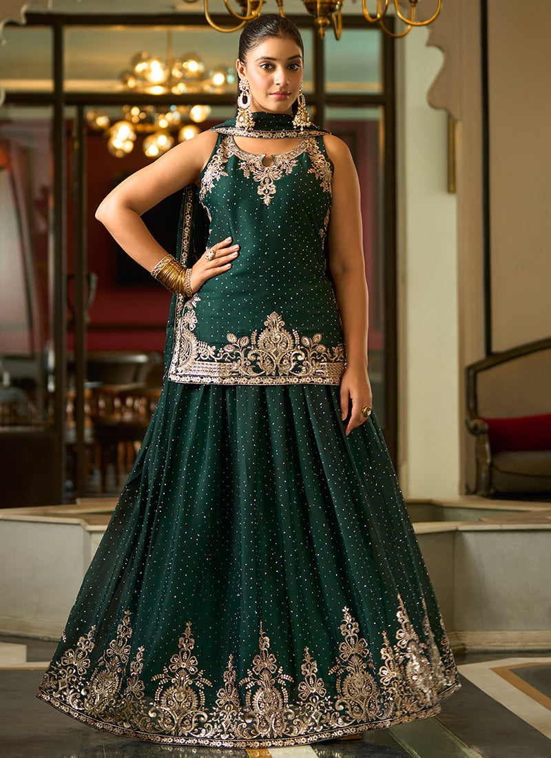 Bottle Green Georgette Sequins Work  Festival Wear Readymade Lehenga Skirt SW874471