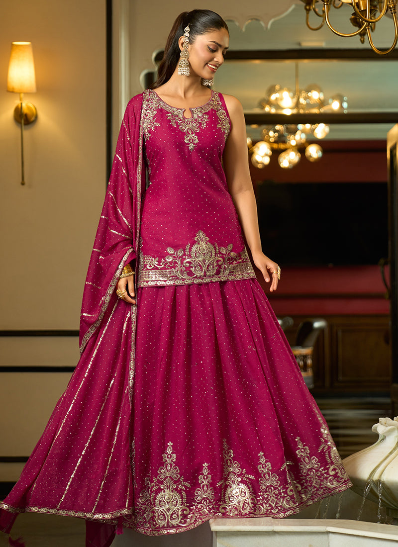 Magenta Georgette Sequins Work  Festival Wear Readymade Lehenga Skirt SW687140