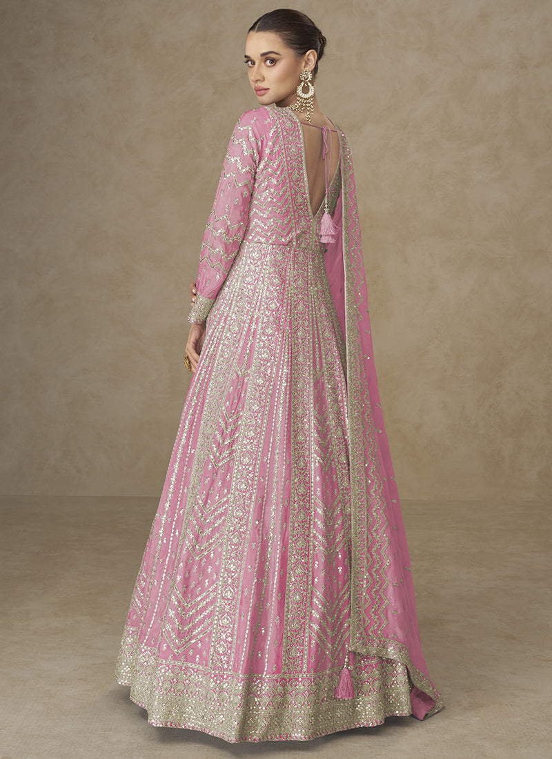 Baby Pink Chinon Silk Embroidery Work Wedding Wear Readymade Anarkali Suit SW517405