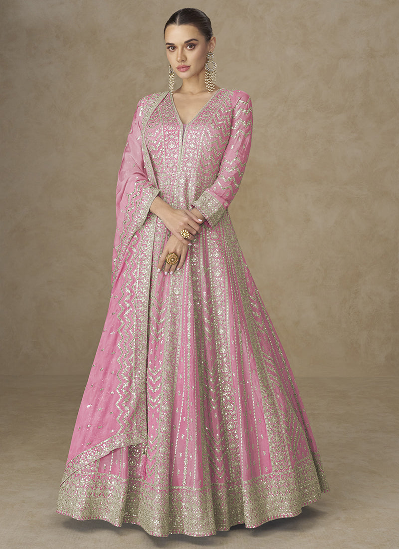 Baby Pink Chinon Silk Embroidery Work Wedding Wear Readymade Anarkali Suit SW517405
