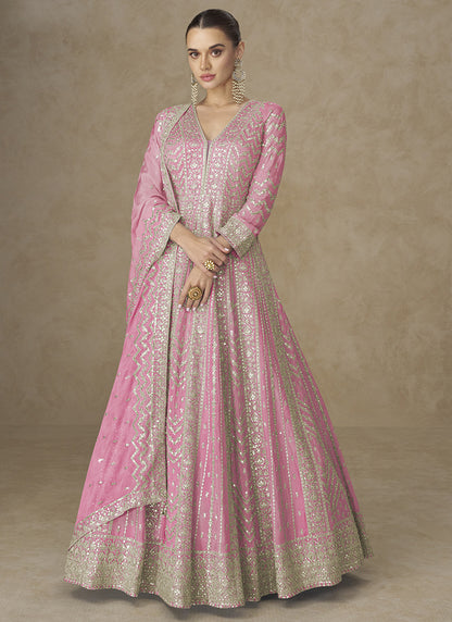 Baby Pink Chinon Silk Embroidery Work Wedding Wear Readymade Anarkali Suit SW517405