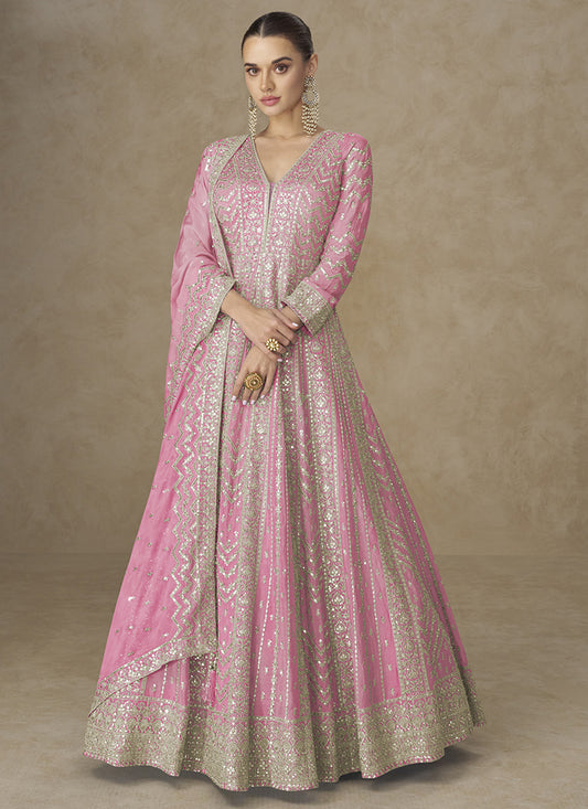 Baby Pink Chinon Silk Embroidery Work Wedding Wear Readymade Anarkali Suit SW517405