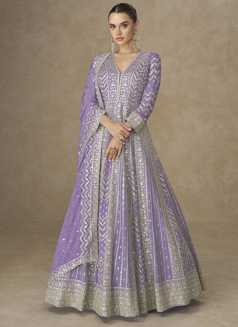 Purple Chinon Silk Embroidery Work Wedding Wear Readymade Anarkali Suit SW795721