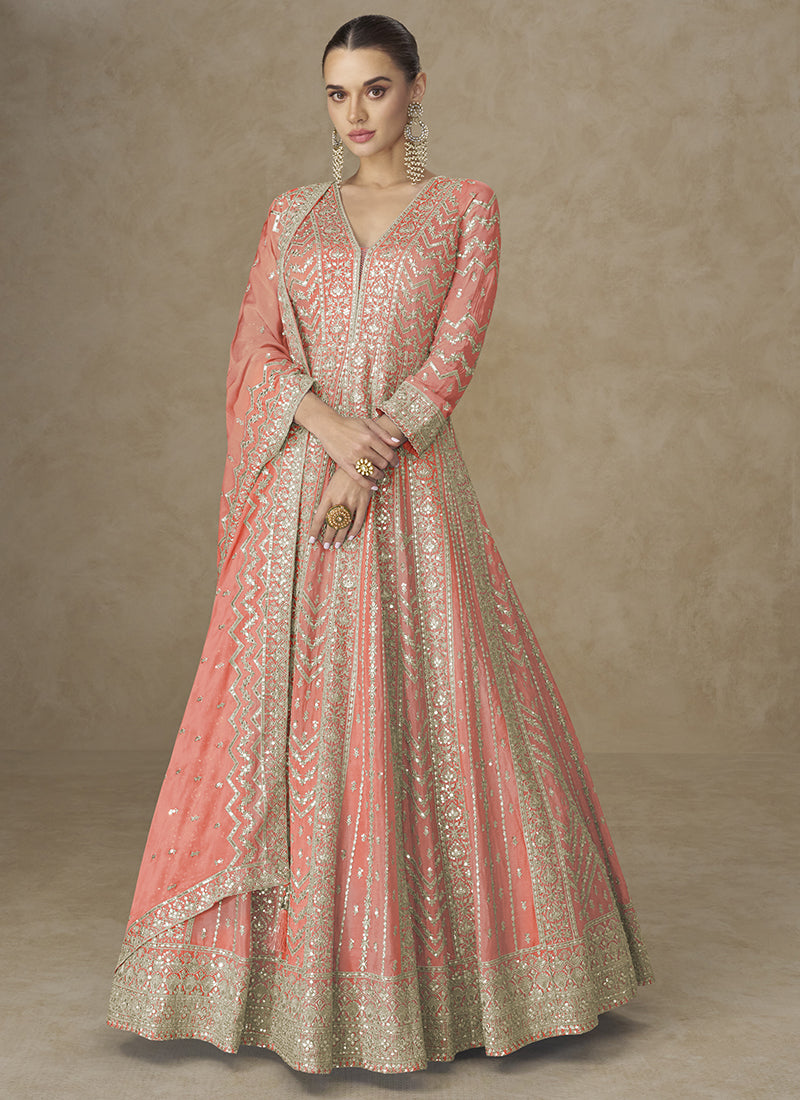 Orange Chinon Silk Embroidery Work Wedding Wear Readymade Anarkali Suit SW527627