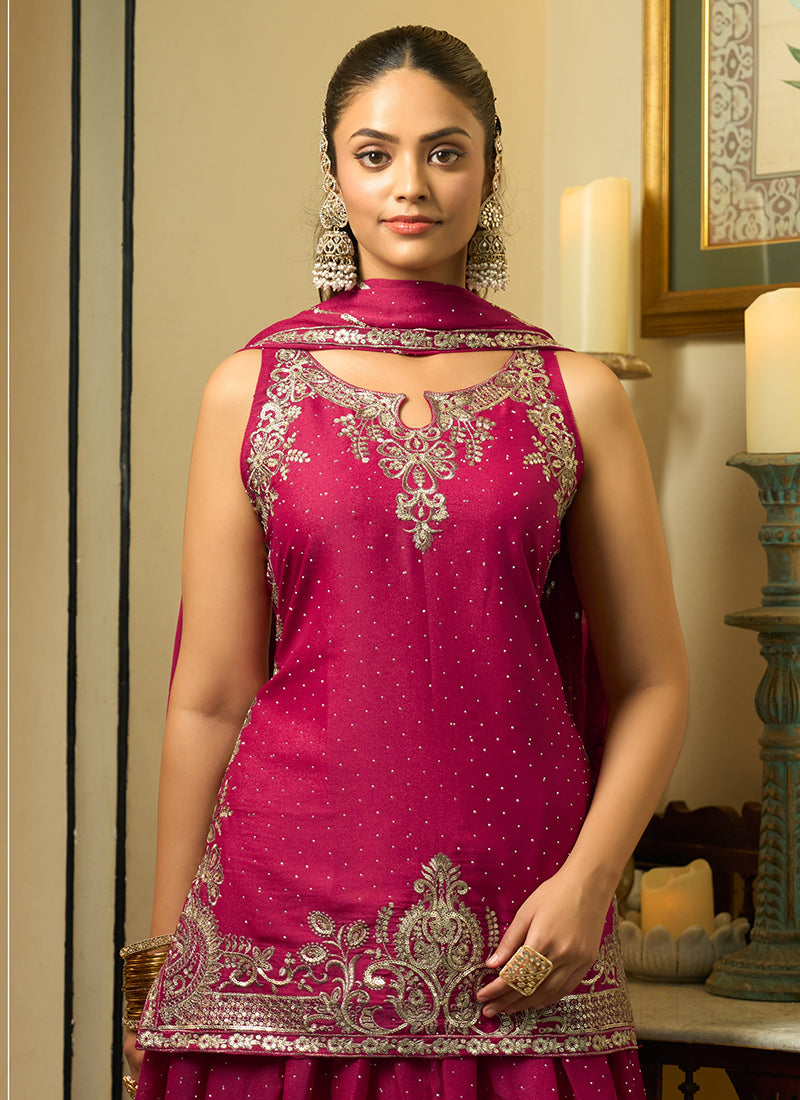 Magenta Georgette Sequins Work  Festival Wear Readymade Lehenga Skirt SW687140