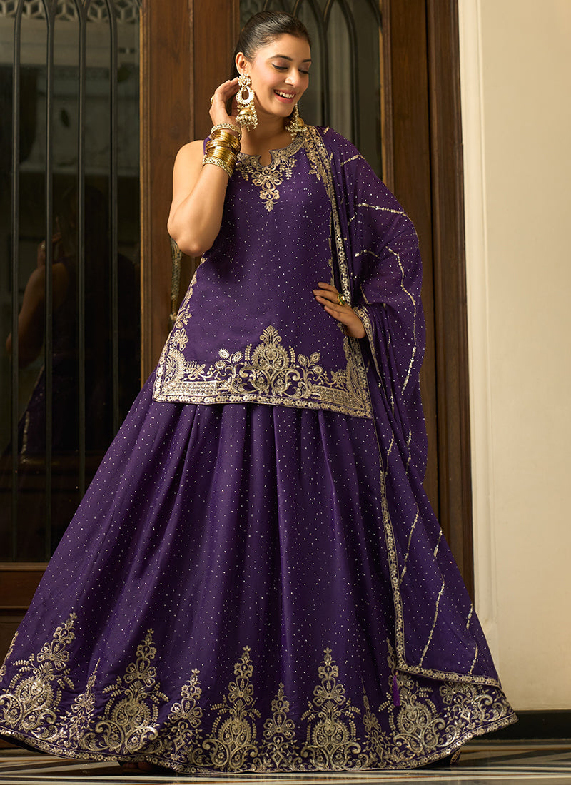 Purple Georgette Sequins Work  Festival Wear Readymade Lehenga Skirt SW306560