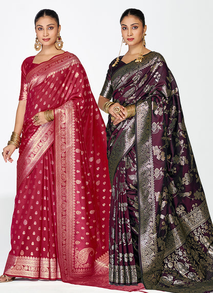 Designer Banarasi Silk Saree Combo Set Adorned with Fine Zari Weaving