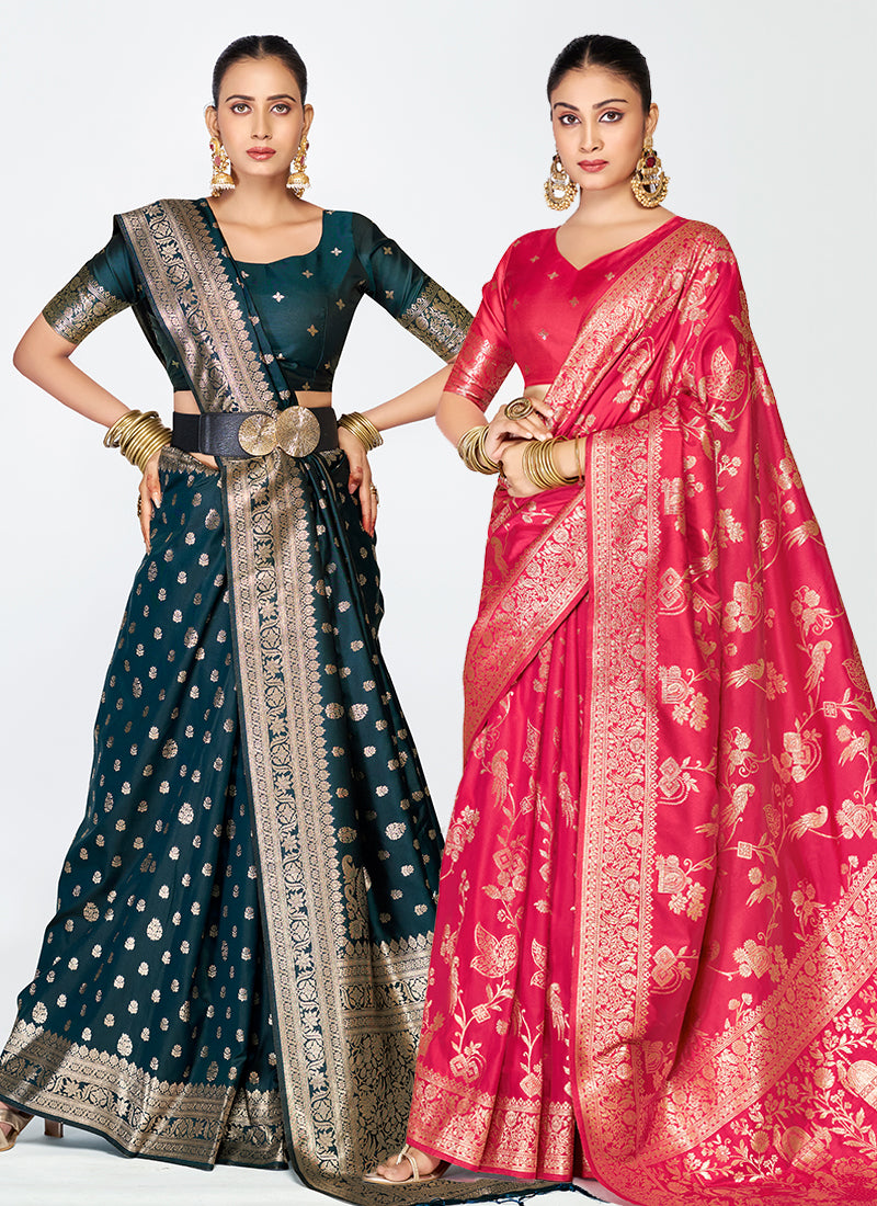 Exclusive Banarasi Silk Zari Weaving Party Wear Saree Duo