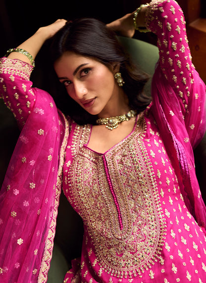 Rani Pink Georgette Embroidery Work Wedding Wear Readymade Indowestern Suit SW501320