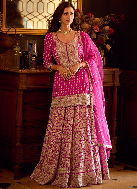 Rani Pink Georgette Embroidery Work Wedding Wear Readymade Indowestern Suit SW501320