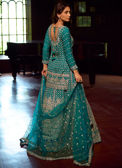 Teal Blue Georgette Embroidery Work Wedding Wear Readymade Indowestern Suit SW920294
