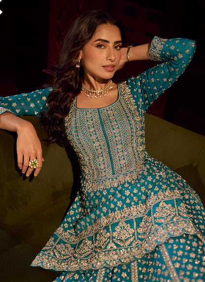 Teal Blue Georgette Embroidery Work Wedding Wear Readymade Indowestern Suit SW920294