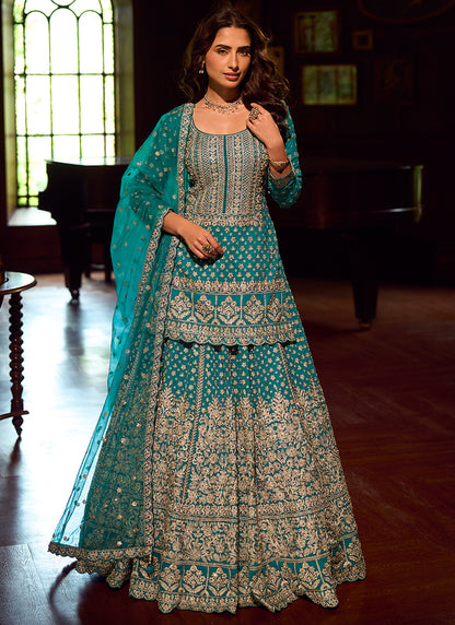 Teal Blue Georgette Embroidery Work Wedding Wear Readymade Indowestern Suit SW920294