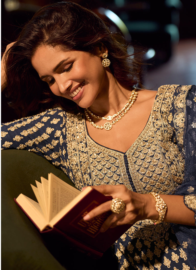 Navy Blue Georgette Embroidery Work Wedding Wear Readymade Indowestern Suit SW665032