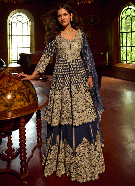 Navy Blue Georgette Embroidery Work Wedding Wear Readymade Indowestern Suit SW665032