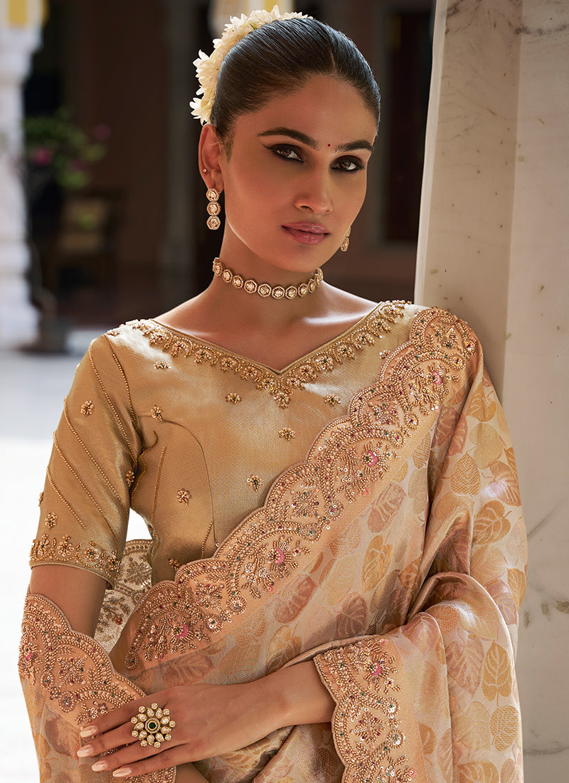 Beige Kanjivaram Silk Beads Work Festival Wear Saree SW405970