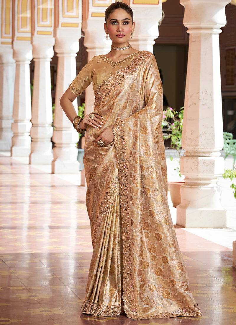Beige Kanjivaram Silk Beads Work Festival Wear Saree SW405970