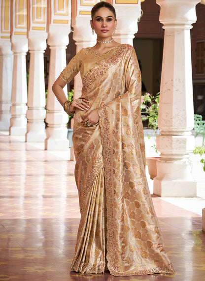 Beige Kanjivaram Silk Beads Work Festival Wear Saree SW405970