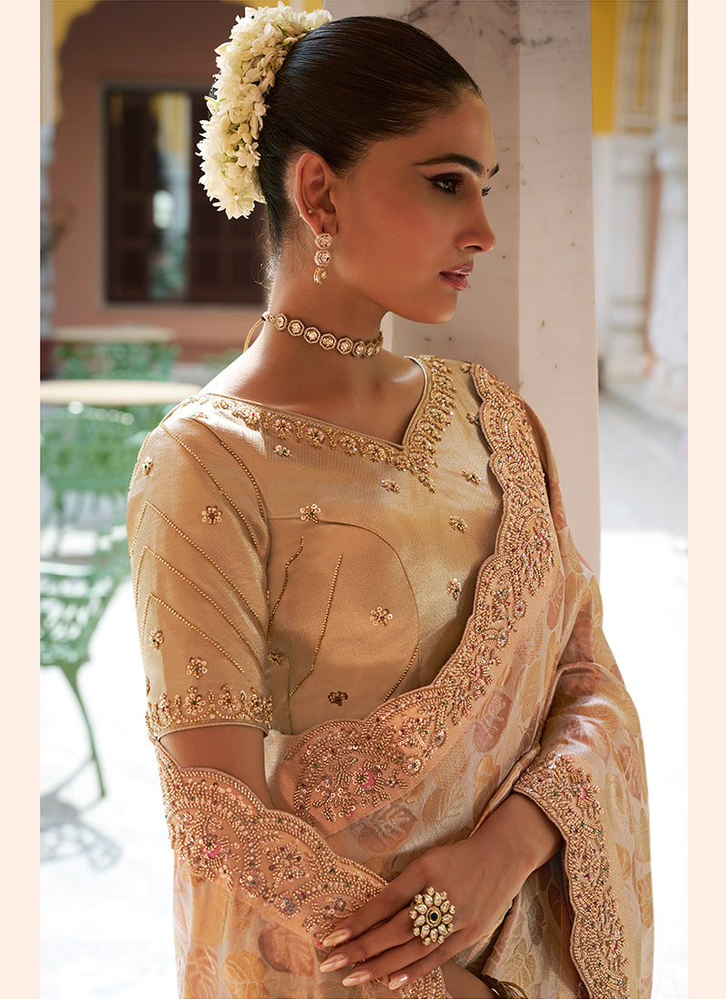 Beige Kanjivaram Silk Beads Work Festival Wear Saree SW405970