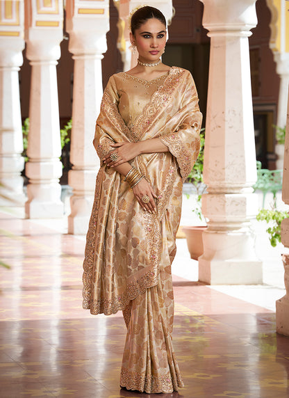 Beige Kanjivaram Silk Beads Work Festival Wear Saree SW405970