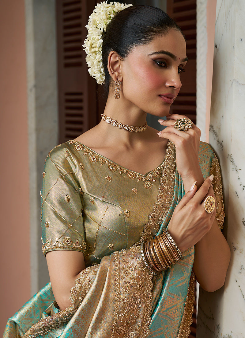 Pink Kanjivaram Silk Beads Work Festival Wear Saree SW405972