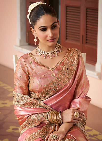 Dusty Pink Kanjivaram Silk Beads Work Festival Wear Saree SW405976