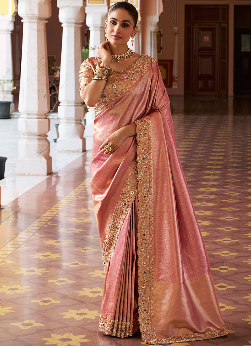 Dusty Pink Kanjivaram Silk Beads Work Festival Wear Saree SW405976