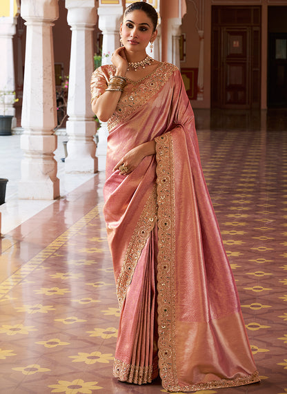 Dusty Pink Kanjivaram Silk Beads Work Festival Wear Saree SW405976