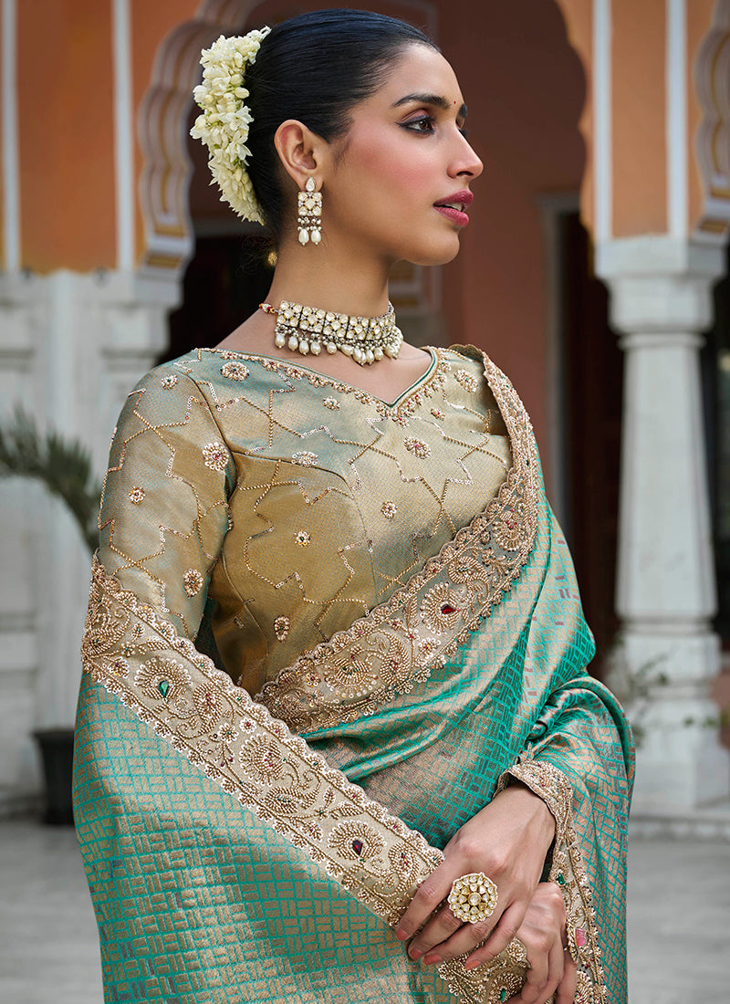 Teal Green Kanjivaram Silk Beads Work Festival Wear Saree SW405977