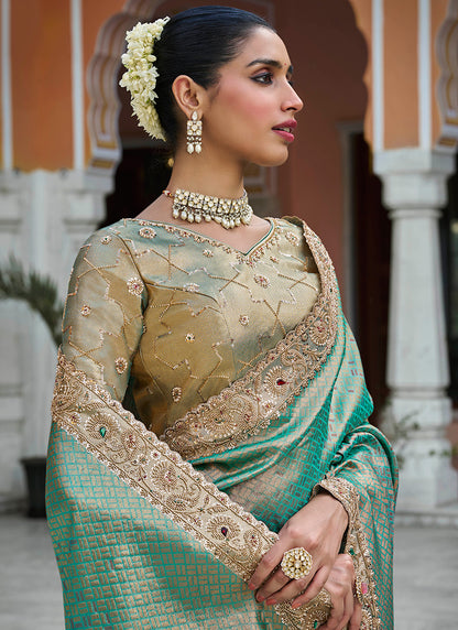 Teal Green Kanjivaram Silk Beads Work Festival Wear Saree SW405977