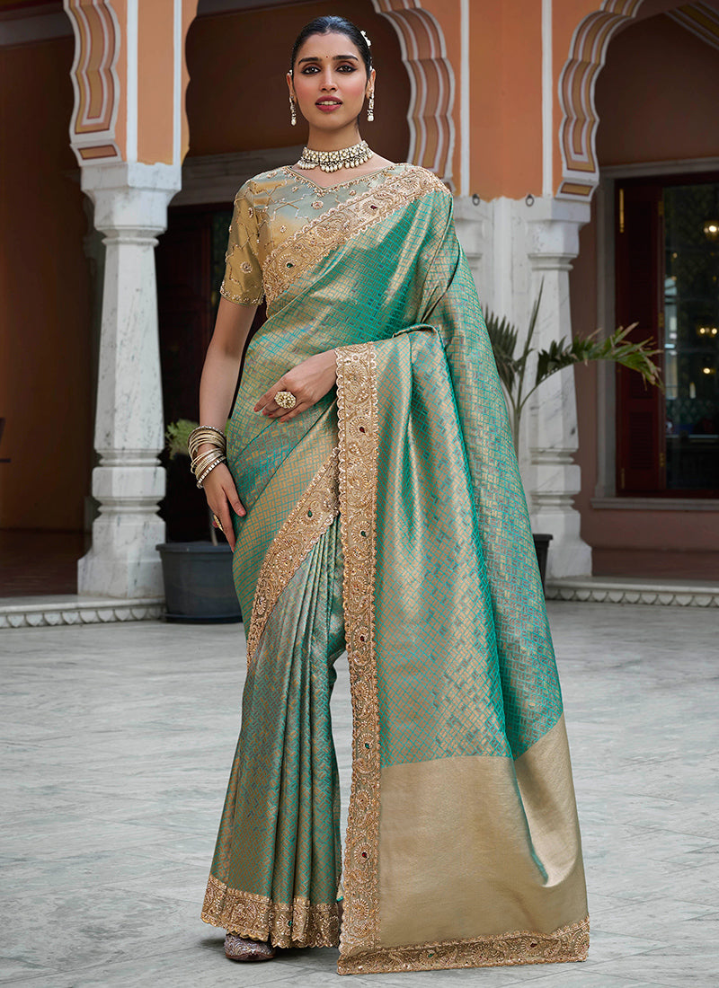 Teal Green Kanjivaram Silk Beads Work Festival Wear Saree SW405977
