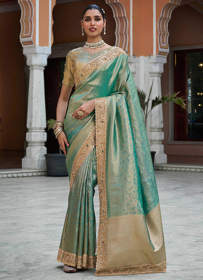 Teal Green Kanjivaram Silk Beads Work Festival Wear Saree SW405977