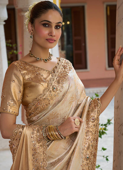 Beige Kanjivaram Silk Beads Work Festival Wear Saree SW405978