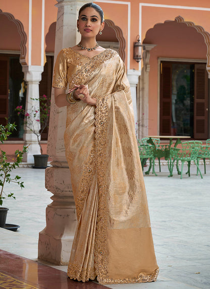 Beige Kanjivaram Silk Beads Work Festival Wear Saree SW405978