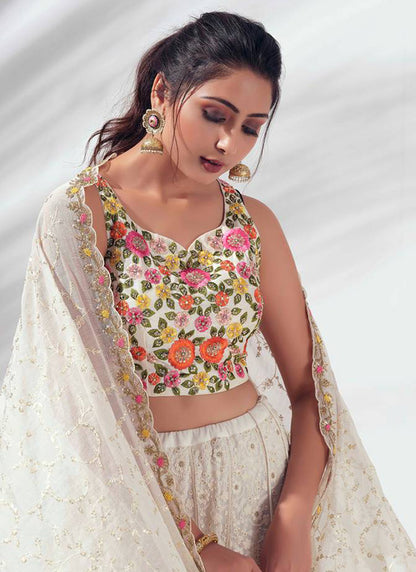 Heavy Faux Georgette White Lehenga Choli with Zari Work for Designer Wear