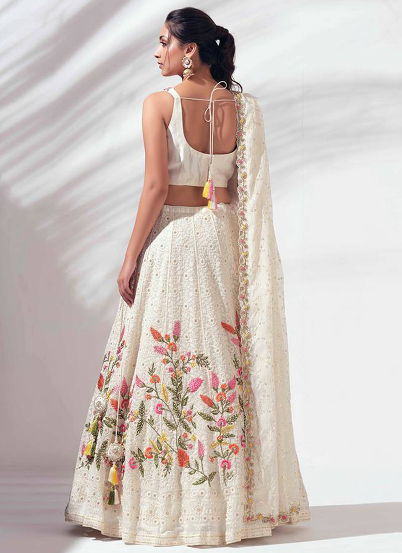 Heavy Faux Georgette White Lehenga Choli with Zari Work for Designer Wear
