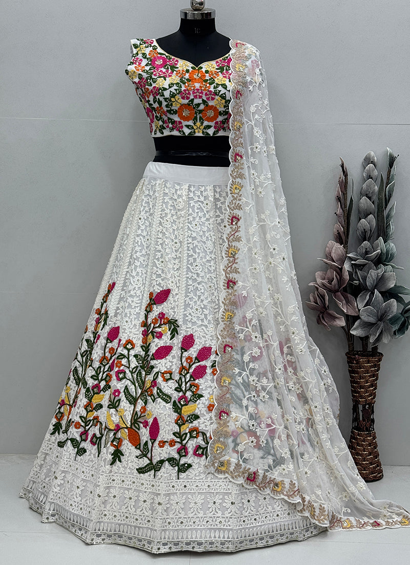 Heavy Faux Georgette White Lehenga Choli with Zari Work for Designer Wear