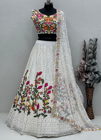 Heavy Faux Georgette White Lehenga Choli with Zari Work for Designer Wear