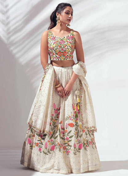 Heavy Faux Georgette White Lehenga Choli with Zari Work for Designer Wear
