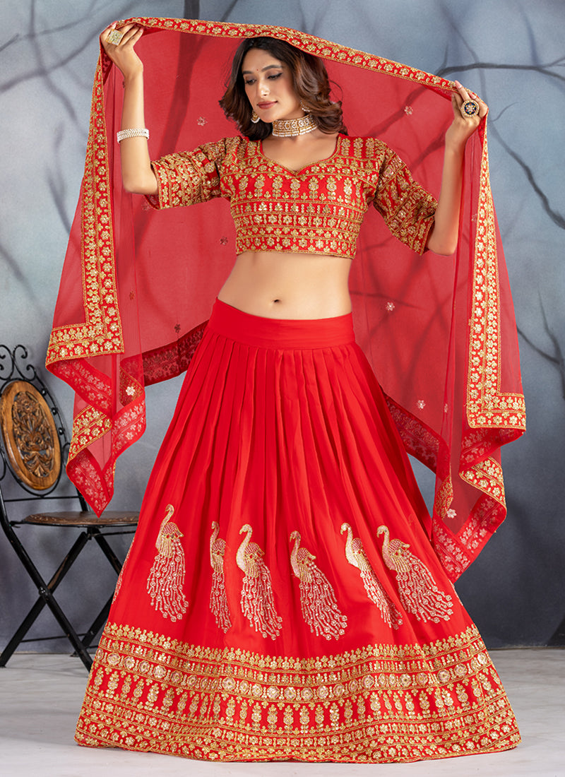 Faux Georgette Red Lehenga Choli with Zari Work for Designer Wear