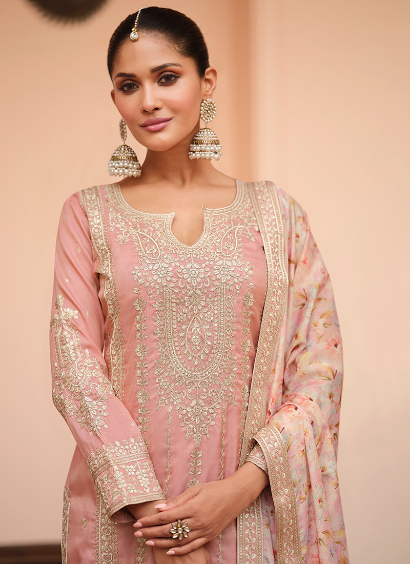 Shimmer Silk Pink Festival Wear Embroidery Work Readymade Plazzo Suit 385517